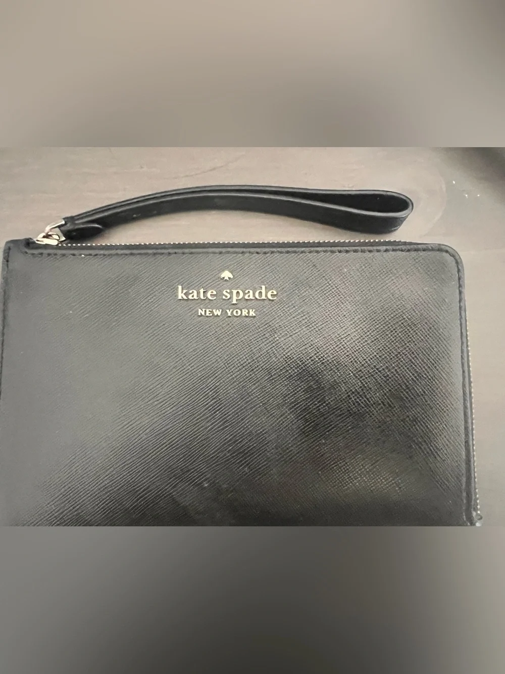 kate spade Black Saffiano Leather Zip Card Holder with silver Logo